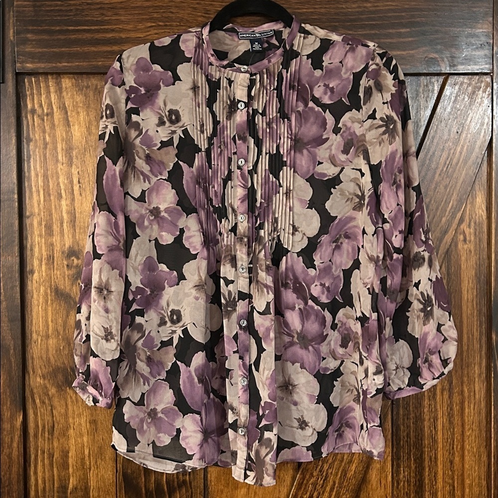 American Living Purple and Black Floral Blouse